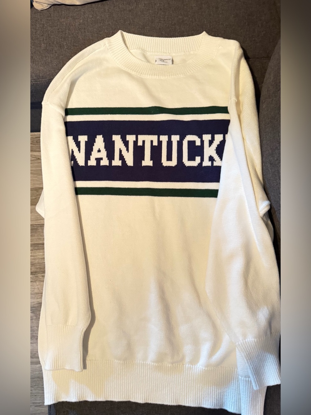 White Nantucket Crewneck Sweater with Navy & Green Stripes